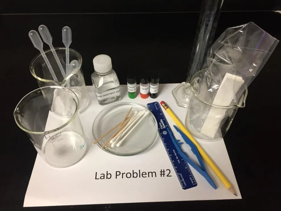 2018 USNCO Part III Problem 2 setup: Kool-Aid samples (green apple, orange, grape), isopropyl alcohol, chromatography paper strips, cotton swabs, ruler, pencil, beakers